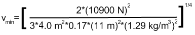 v-min = [ 2 (10900 N)^2 / (3 (3.0 m^2) 0.17 (11 m)^2 (1.29 kg/m^3)^2) ]^1/4